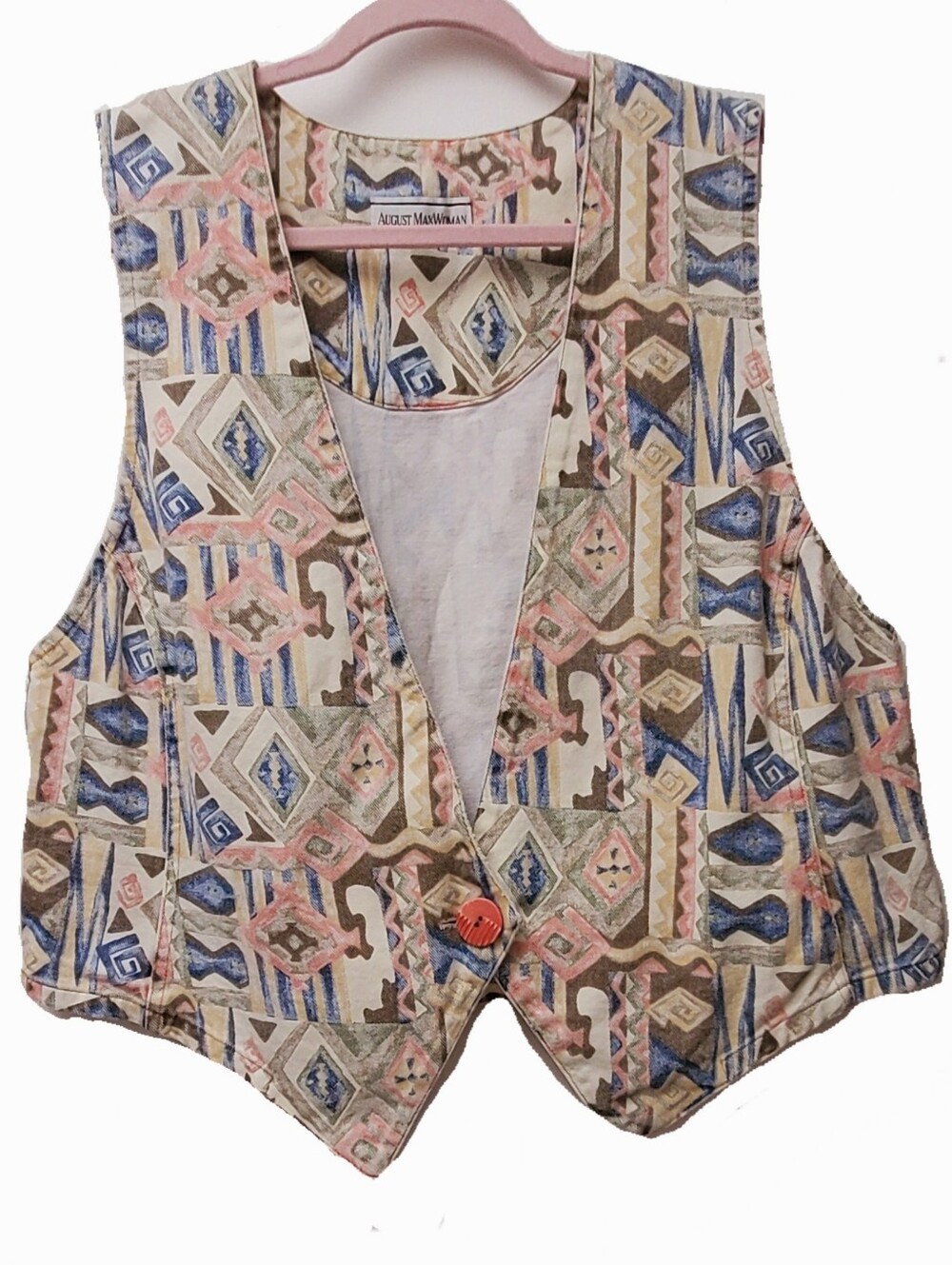Vintage 90s August Max One Button Denim Vest Pastels Multicolor Tribal Size XL